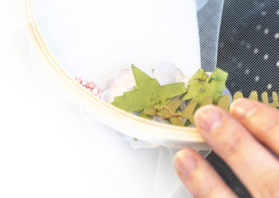 attaching back of flowers to embroidery hoop